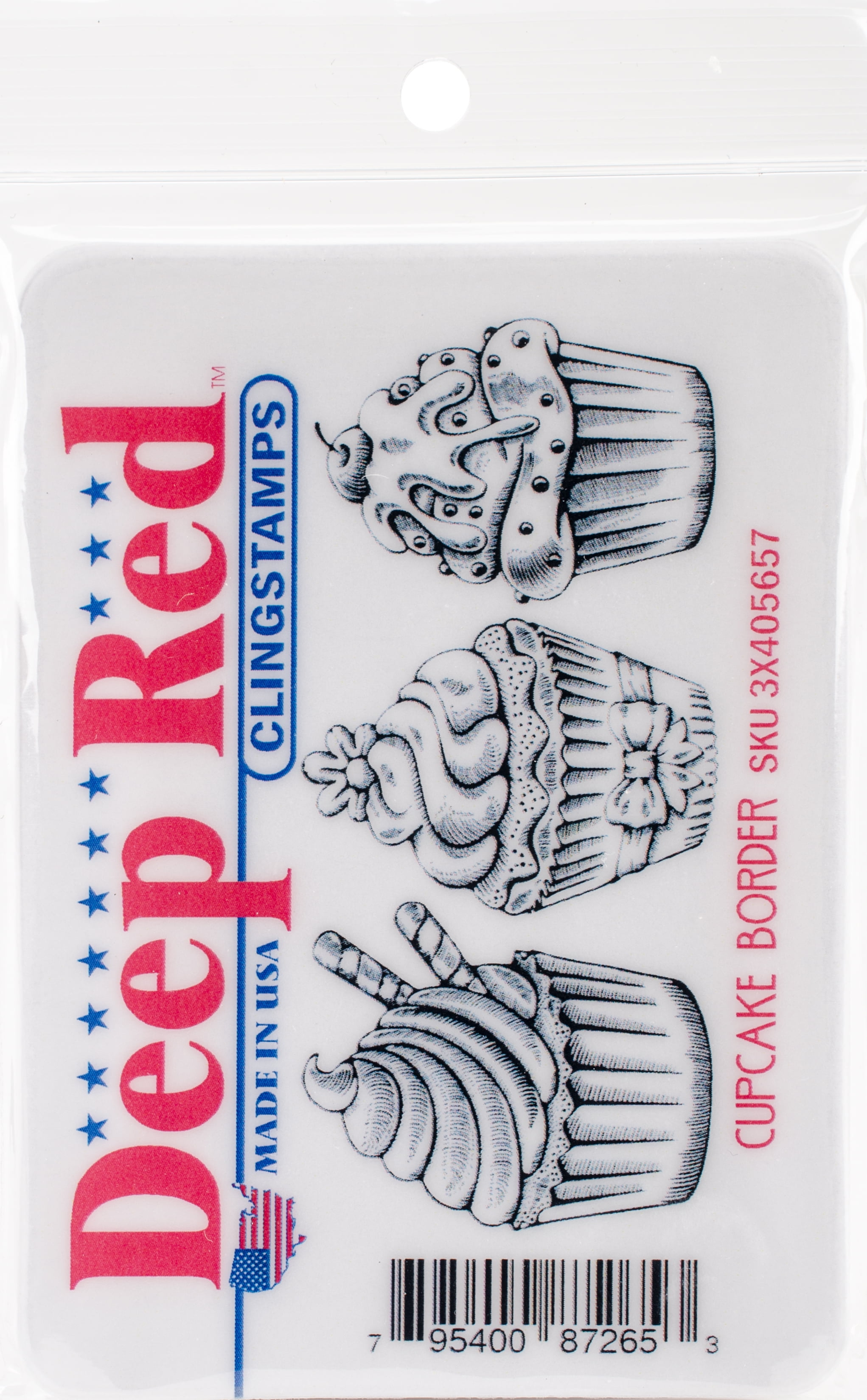 Deep Red Cling Stamp 3"X4"-Cupcake Border