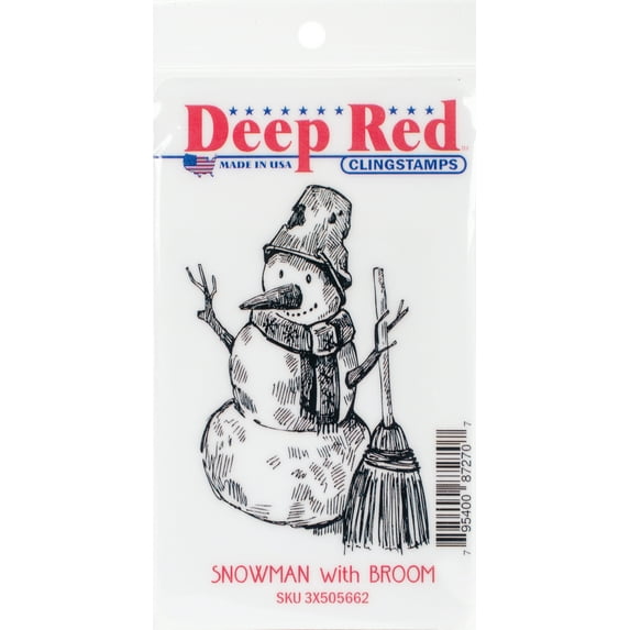 "Deep Red Cling Stamp 3""X5""-Snowman W/Broom"
