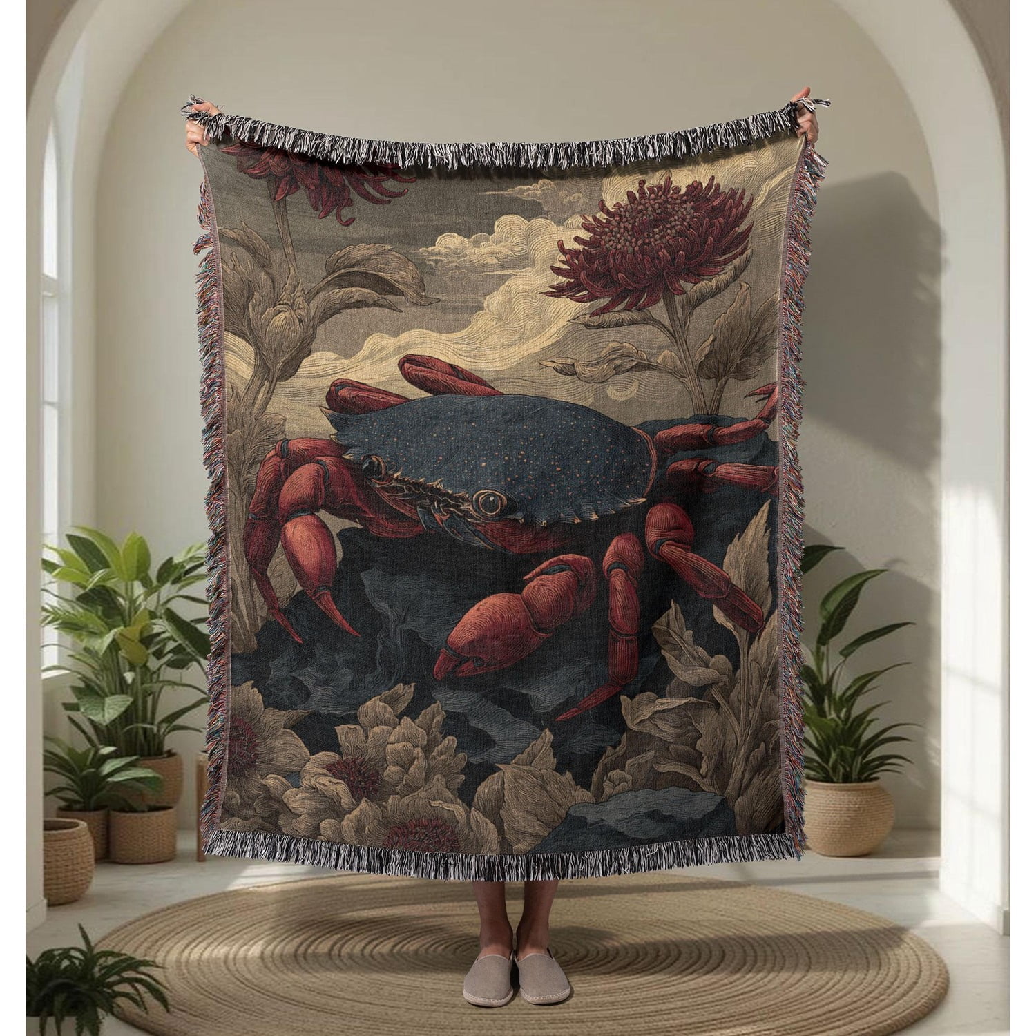 Deep Throw Toy Deep Red Crab and Chrysanthemum Woven Throw Blanket, 100% Cotton ...