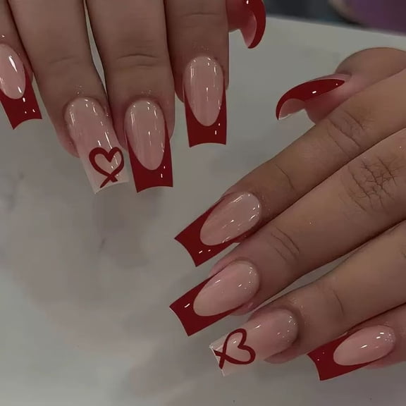 Deep Red French Tip Press on Nails Medium Long Square Fake Nails Glossy Heart Accent Full Cover Adhesive Press Ons Elegant Acrylic False Nails Artificial Nail Tips for Valentine Date Night 24 Pcs