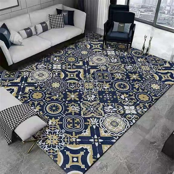 Deep Red Golden Living Room Rug, Blue Patchwork Geometric Carpet, Distressed Carpet Soft Feel Easy to Clean Fine Fluff Apply to Bedroom Living Room Bath Mat,4'x6'