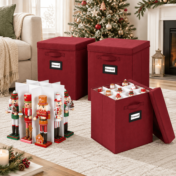Deep Red Normal 16 Inch 2-Pack Nutcracker Storage Organizer Bins with 9 Grid Sections