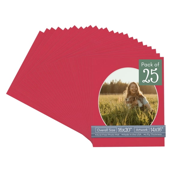 Deep Red Picture Frame Mat for 16x20 Frames - Oval Opening for 14x16 Photos - 25 Mats