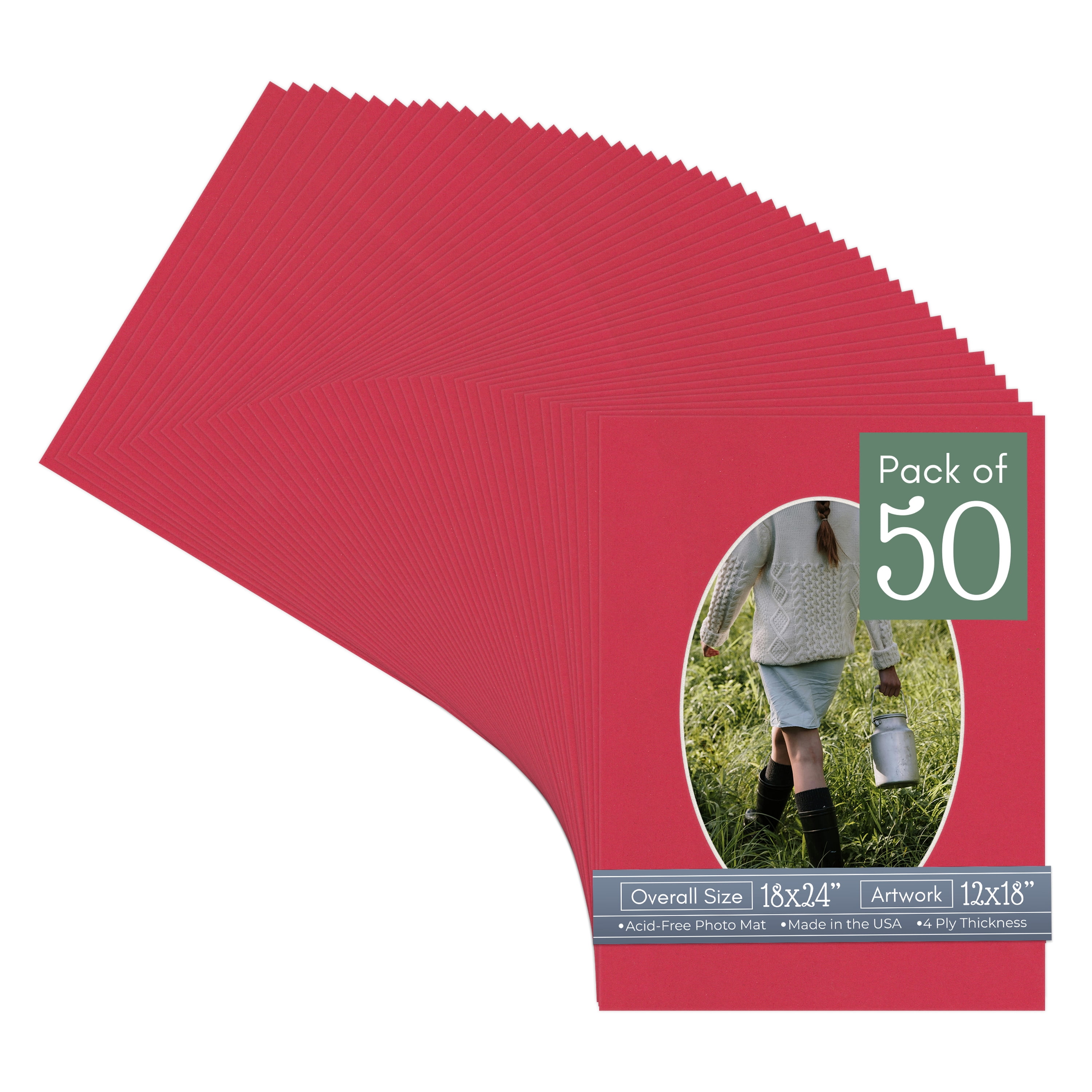 Deep Red Picture Frame Mat for 18x24 Frames - Oval Opening for 12x18 Photos - 50 Mats