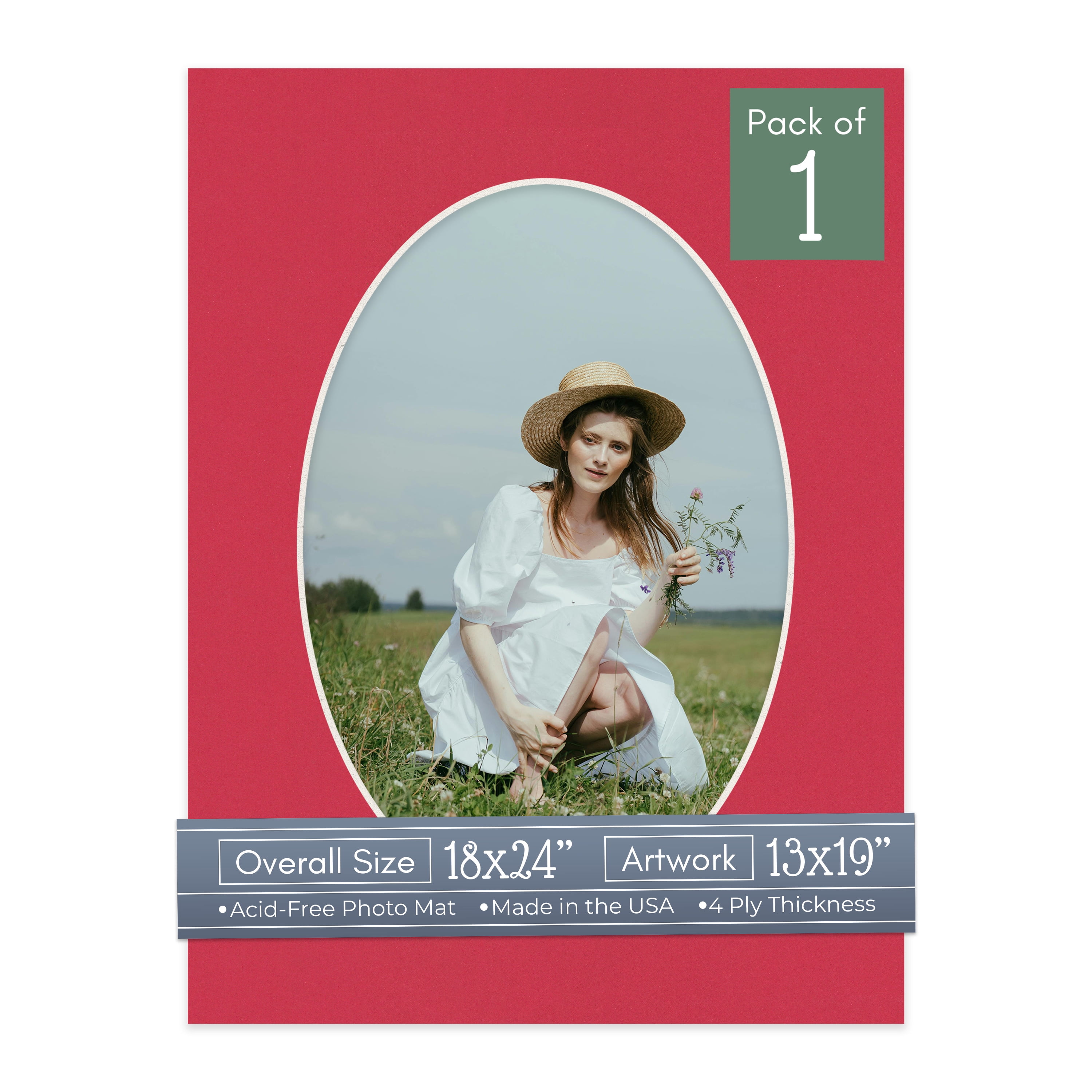 Deep Red Picture Frame Mat for 18x24 Frames - Oval Opening for 13x19 Photos - 1 Mat