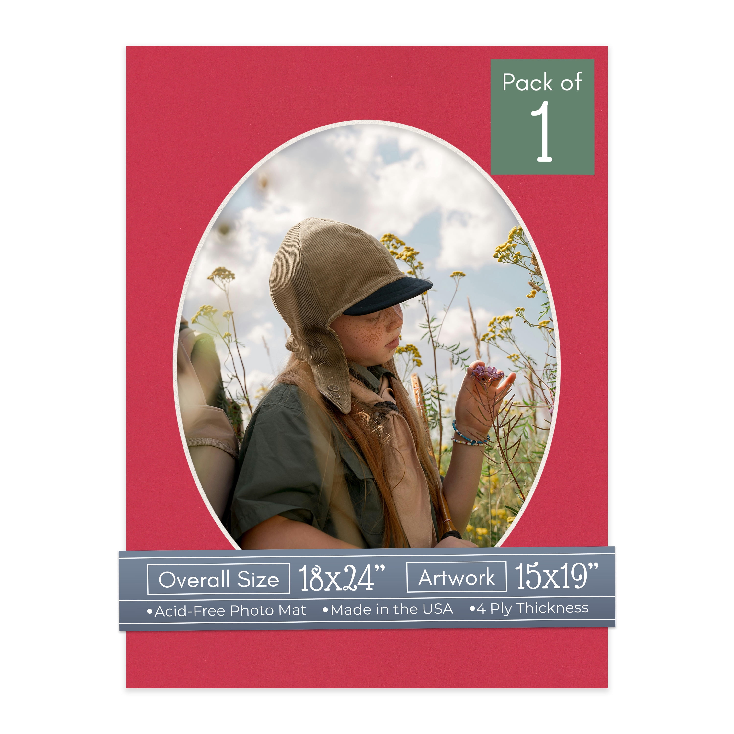 Deep Red Picture Frame Mat for 18x24 Frames - Oval Opening for 15x19 Photos - 1 Mat