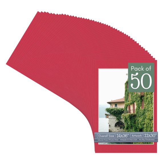 Deep Red Picture Frame Mat for 24x36 Frames - Fits 22x30 Photos - 50 Mats