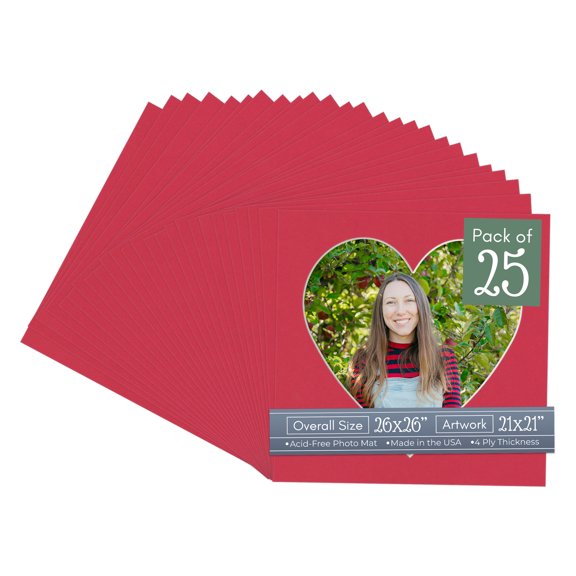 Deep Red Picture Frame Mat for 26x26 Frames - Heart Opening for 21x21 Photos - 25 Mats