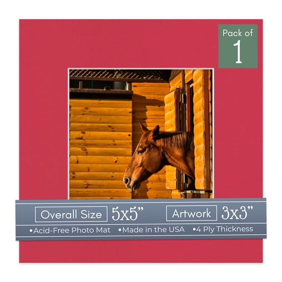 Deep Red Picture Frame Mat for 5x5 Inch Frames - Fits 3x3 Photos - 1 Mat