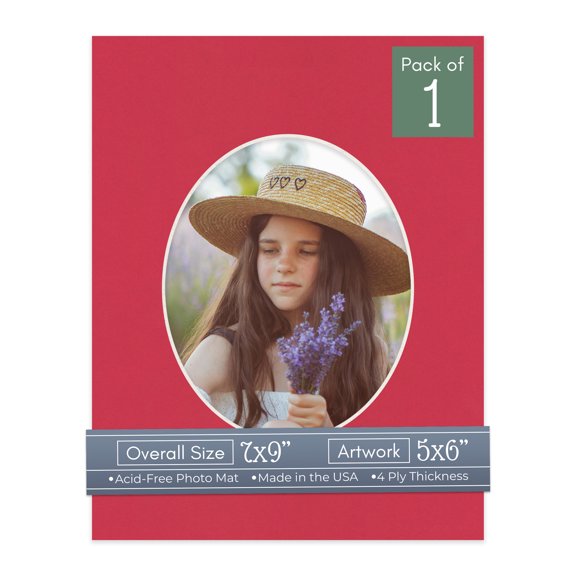 Deep Red Picture Frame Mat for 7x9 Frames - Oval Opening for 5x6 Photos - 1 Mat