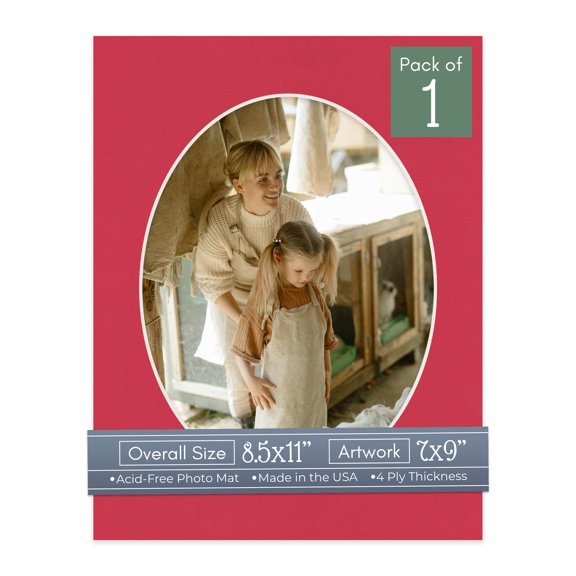 Deep Red Picture Frame Mat for 8.5x11 Frames - Oval Opening for 7x9 Photos - 1 Mat