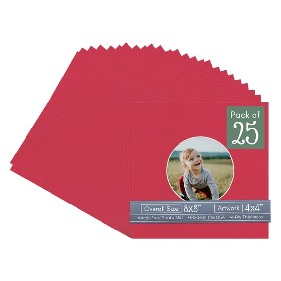 Deep Red Picture Frame Mat for 8x8 Frames - Circle Opening for 4x4 Photos - 25 Mats