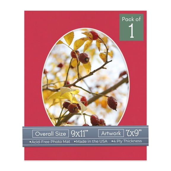 Deep Red Picture Frame Mat for 9x11 Frames - Oval Opening for 7x9 Photos - 1 Mat