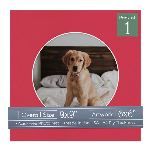Deep Red Picture Frame Mat for 9x9 Frames - Circle Opening for 6x6 Photos - 1 Mat