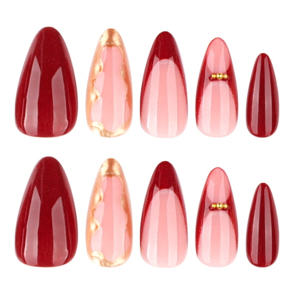 Deep Red Pink Red Ombre Press on Nails, Medium Almond Glossy False Nails with Gold Foil and Gold Bead Accents, 24 Count