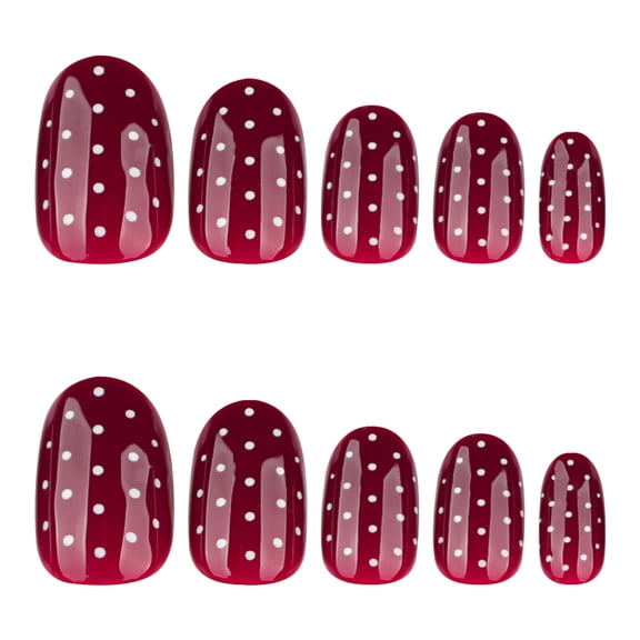 Deep Red Polka Dot Press on Nails, Medium Oval Glossy False Nails, 24 Count
