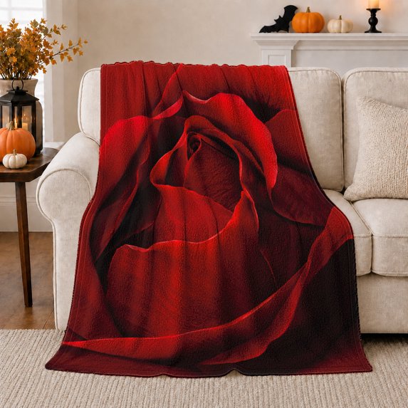 Deep Red Rose Close Up with Dark Velvet Shadows, Romantic Botanical Floral Motif for Flower Lovers, Valentine's Day Gift, Cozy Flannel Blanket for Bedroom and Reading Nook, Elegant Home Decor