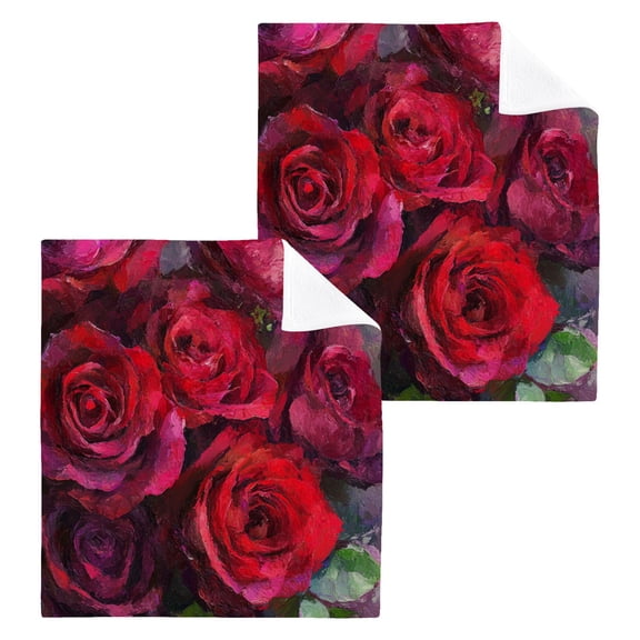 Deep Red Roses 100% Cotton Face Towel 12x12in Soft Absorbent Washcloth Durable Printed Hand Towels for Bathroom Travel 2 Pcs