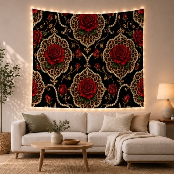 Deep Red Roses in Baroque Leopard Frames on Black, Romantic Maximalist for Animal Lovers, Ornate Damask Floral Decor, Housewarming Gift Tapestry Wall Hanging for Living Room and Bedroom