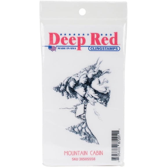 Deep Red Rubber Stamp Rustic Mountain Log Cabin Scene Snowey Pines Pine Trees