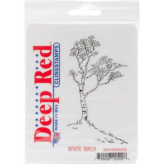 Deep Red Rubber Stamp White Birch Tree on a hillside