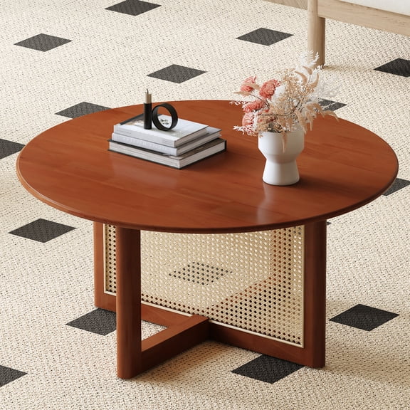 Deep Red Solid Wood Coffee Table | Ideal for Relaxing at Home | Natural Rattan Decor | Assembly in 10 - 15 Mins