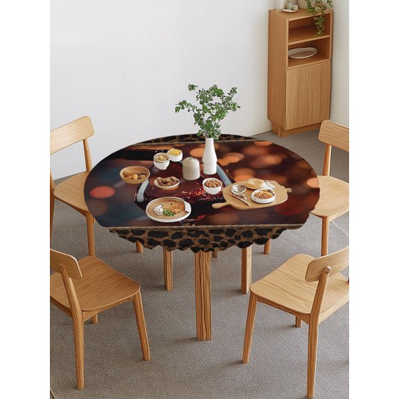 Deep Red Wine Glass Round Fitted Tablecloth with Elastic Edge, Brown Leopard Print Lighting Modern Waterproof Stretch Table Covers for 36"-44" Tables Wipeable Table Cloth for Outdoor