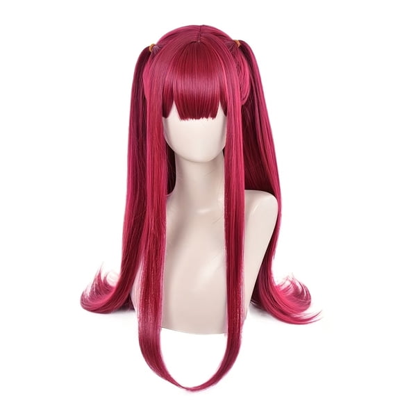 Deep Rose Red Layered Double Ponytail Long Straight Hair Hair Wigs with Bangs for Cosplay and Daily Wear