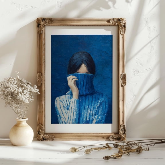 Deep Royal Blue Girl Blue Jumper Faceless Aesthetic Wall Art, Unframed Canvas 16x20in