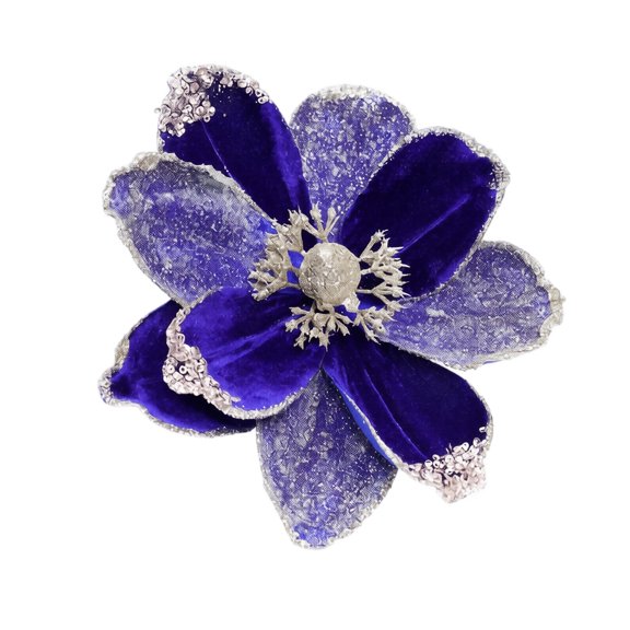 Deep Royal Blue Velvet Artificial Christmas Poinsettia Flower Ornament, 20 x 20 cm (7.87 x 7.87 in) Glitter-Edged Wired Petal Holiday Bloom for Christmas Tree, Wreath and Garland Decor