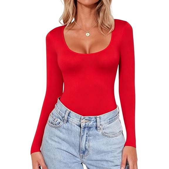 Deep Scoop Neck for Women's Long Sleeve Tops Slim Fit Solid Basic Tees Casual T-Shirt Red S