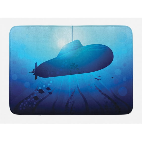 Deep Sea Bath Mat, Undersea Monochrome Submarine in Sun Glare, Plush Bathroom Decor Mat with Non Slip Backing, 29.5" X 17.5", Cobalt Blue Aqua, by Ambesonne