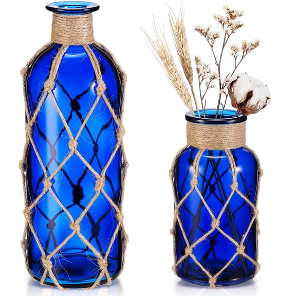 Deep Sea Blue Glass Vase Set, 2 Pack Boho Nautical Floral Arrangement Decor