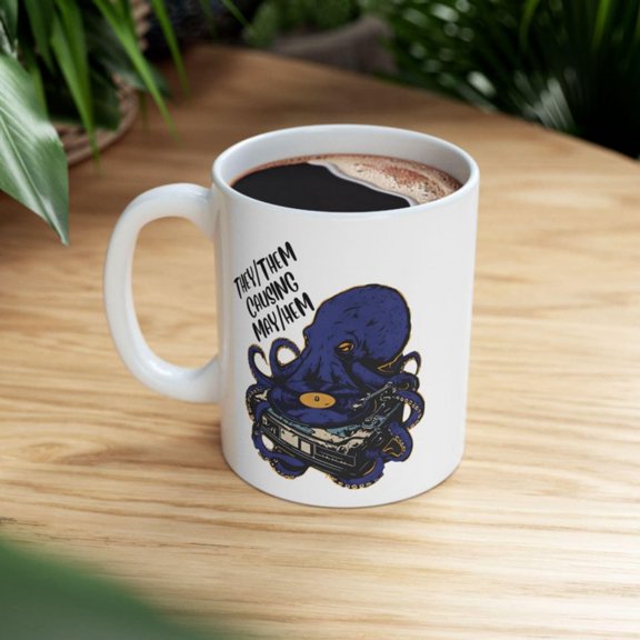 Deep-Sea DJ TheyThem Edition Mug oz Queer, Non-Binary, Squid, BTQ+ mug.