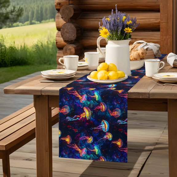 Deep Sea Dream Jellyfish Table Runner 13x36in Non-Slip Cotton Linen Table Runners, Abstract Starry Sky Dresser Scarves TableRunner for Dinner Kitchen Dining Wedding Party