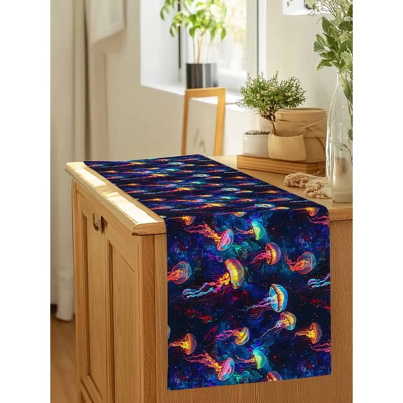 Deep Sea Dream Jellyfish Table Runner 36 Inches Long,Kitchen Dining Tablerunners Abstract Starry Sky Linen Table Runners Dresser Scarves for Home Dinner Wedding Holiday Party Decor