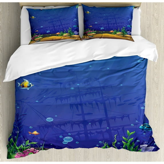 Deep Sea Duvet Cover Set, Cartoon Underwater World with Sand Stones Fishes and Sink Big Fish, Decorative 3 Piece Bedding Set with 2 Pillow Shams, Calking Size, Violet Blue Multicolor, by Ambesonne