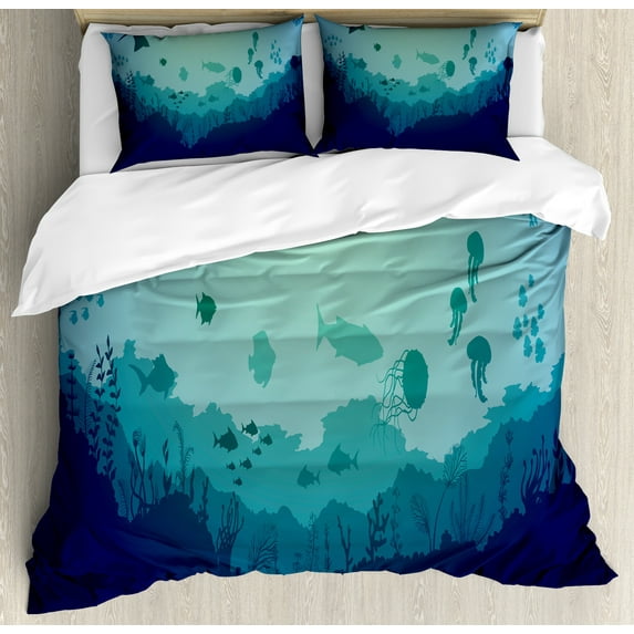 Deep Sea Duvet Cover Set, Jellyfish Corals and Other Mammals Deep in the Ocean, Decorative 3 Piece Bedding Set with 2 Pillow Shams, King Size, Blue Almond Green, by Ambesonne