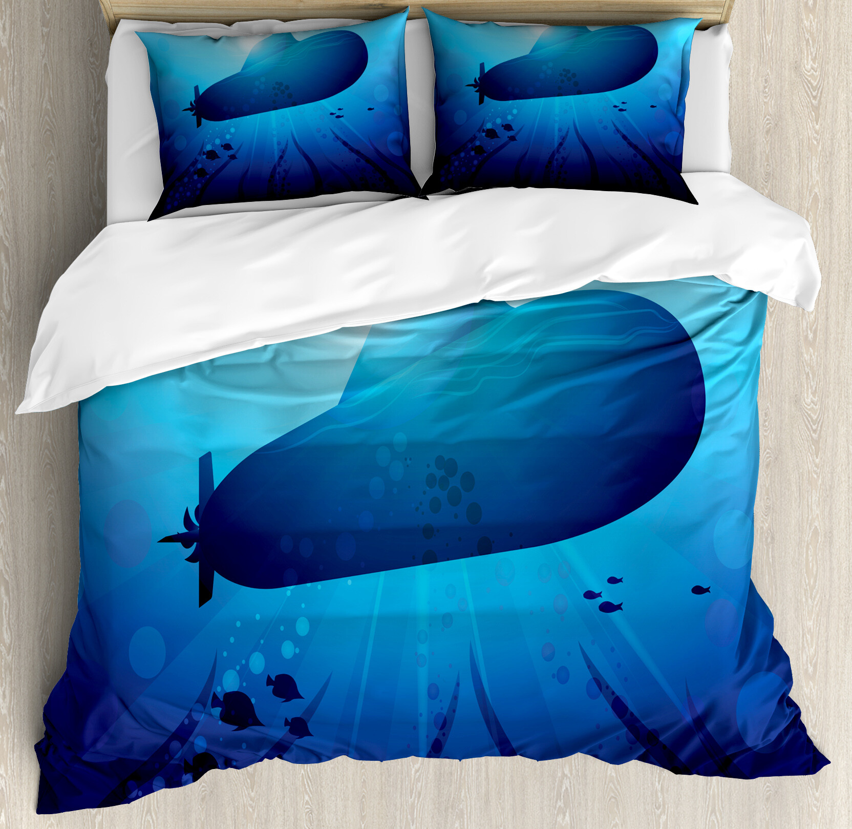 Deep Sea Duvet Cover Set, Undersea Monochrome Submarine in Sun Glare