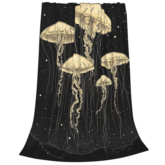 Deep Sea Jellyfish Flannel Throw Blanket, Soft, Warm, Durable Ocean Blanket, for Bed, Couch & Travel, Machine Washable 50×40in, Black & Gold Art