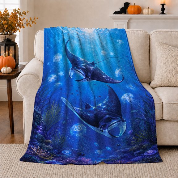 Deep Sea Manta Ray decorative motif Underwater Scene, Peaceful Coastal Landscape Scene, Warm Flannel Blanket for Beach House and Living Room, Beach Lovers Housewarming Gift, Coastal Home Decor