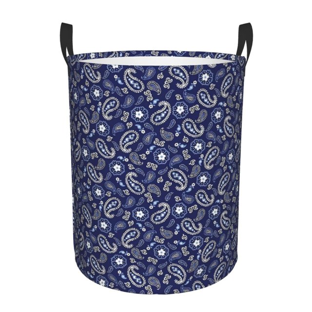 Deep Sea Navy Paisley Round Canvas Linen Laundry Hamper, Waterproof
