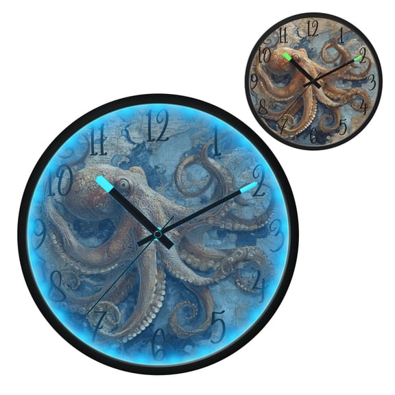 Deep Sea Octopus Luminous Wall Clock with Sound-Activated LED 12-Inch Silent Acrylic Timepiece for Bedroom Livingroom or Office