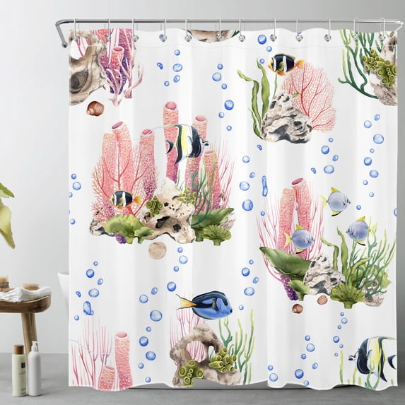 Deep-Sea Plant Fish Spitting Bubbles Shower Curtain for Bathroom Pink Green Marine Organism on White Background Bathroom Shower Curtain Waterproof Curtains Bathroom Decor with 12 Hooks,72X78 inch