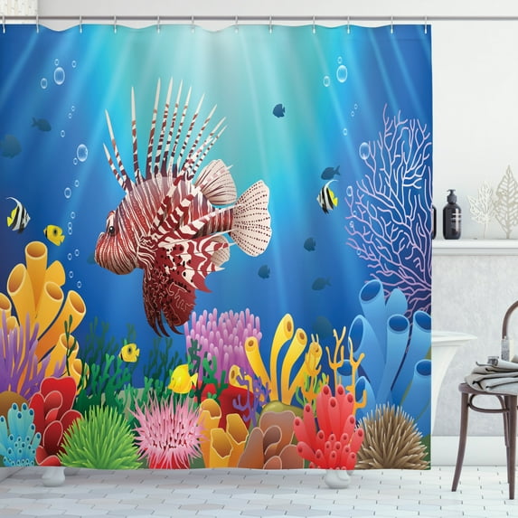 Deep Sea Shower Curtain, Illustration of Colorful Coral Reef Various Fish and Sun Beaming, Fabric Bathroom Set with Hooks, 69W X 70L Inches, Multicolor, by Ambesonne