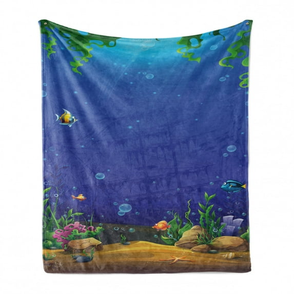 Deep Sea Soft Flannel Fleece Throw Blanket, Cartoon Underwater World with Sand Stones Fishes and Sink Big Fish, Cozy Plush for Indoor and Outdoor Use, 50" x 60", Violet Blue Multicolor, by Ambesonne