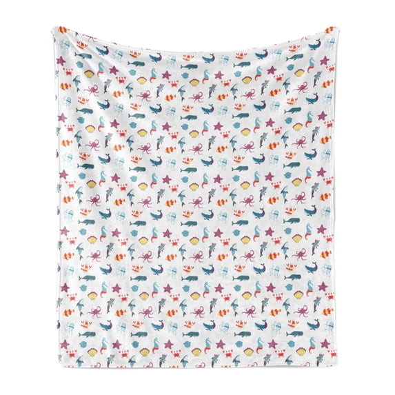 Deep Sea Soft Flannel Fleece Throw Blanket, Pattern of Doodle Style Sea Creatures on a Plain Background Nautical Elements, Cozy Plush for Indoor and Outdoor Use, 70" x 90", Multicolor, by Ambesonne