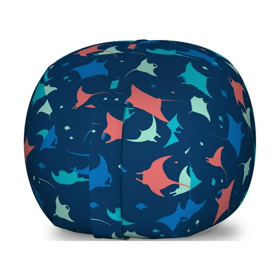 Deep Sea Storage Toy Bag Chair, Colorful Mantas Fish Silhouettes Repetitive Pattern Nautical Sea Animal, Stuffed Animal Organizer Washable Bag, Large Size, Night Blue Multicolor, by Ambesonne