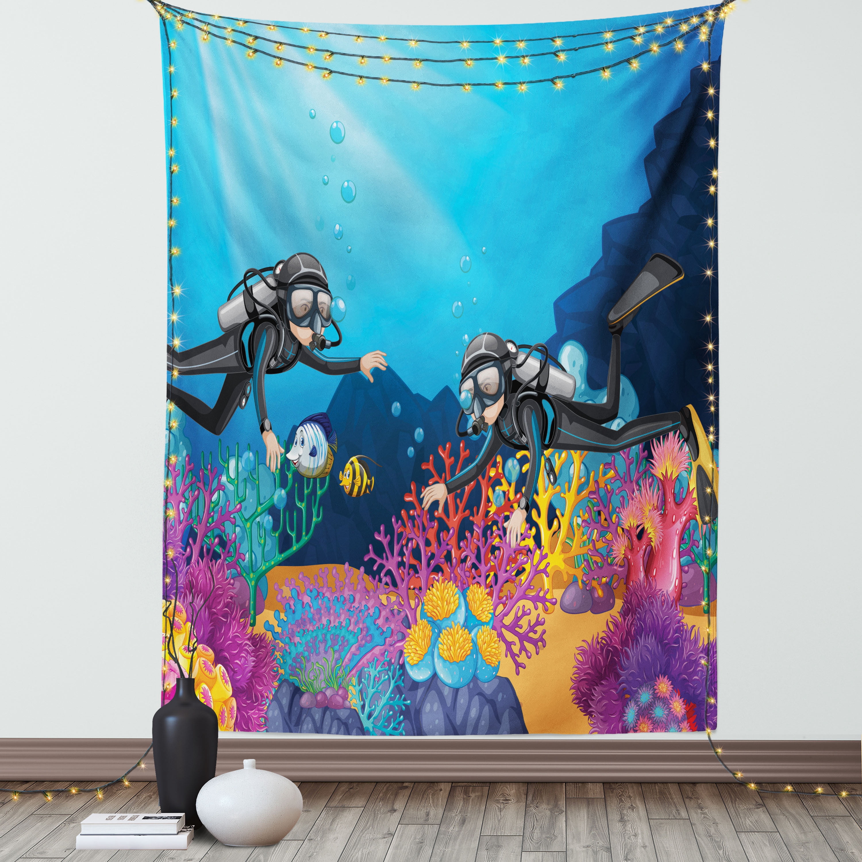 Deep Sea Tapestry, Scuba Diving Themed Cartoon Graphic of Divers with