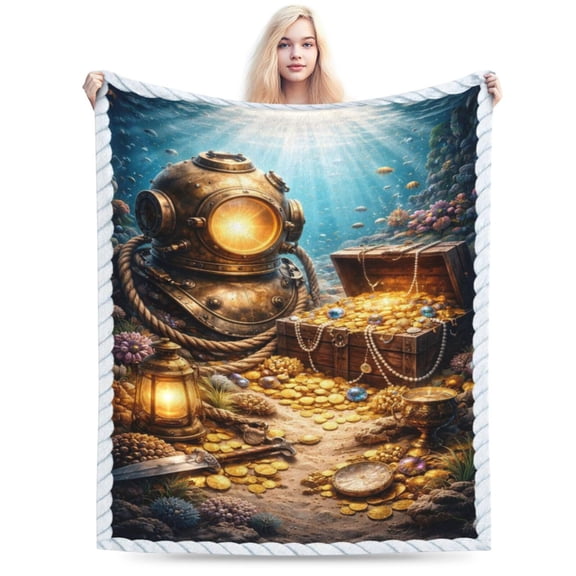 Deep Sea Treasure Adventure Throw Blanket, Vintage Underwater Diver Art Fleece Blanket, Soft Warm Decorative Blanket for Sofa, Bed, Game Room, Adult Home Decor Gift 50x40